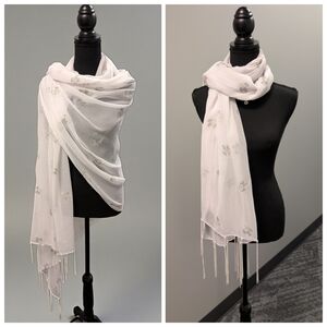 Aremar White Fish Print Scarf Tassel Trim Sheer Novelty Coastal